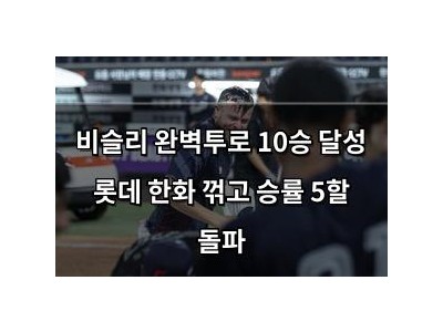비슬리 완벽투로 10승 달성 롯데 한화 꺾고 승률 5할 돌파